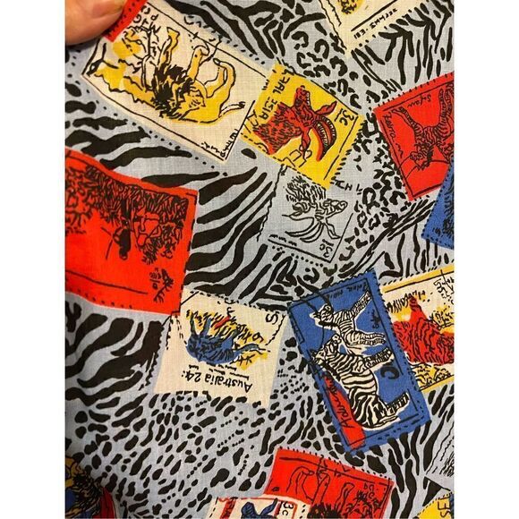 Vintage Blue Animal Print Animal Stamps logo HARMAL NEW YORK medium button down - Picture 8 of 13